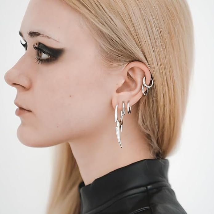 PUNKYOUTH Sharp Line Fluid Curve Earrings 18G 1mm Piercing Jewelry Edgy Minimalist Modern Claw Spike Huggie Hoop Dangle Drop For Women Men Polished Statement Everyday Wear Fashion Accessories