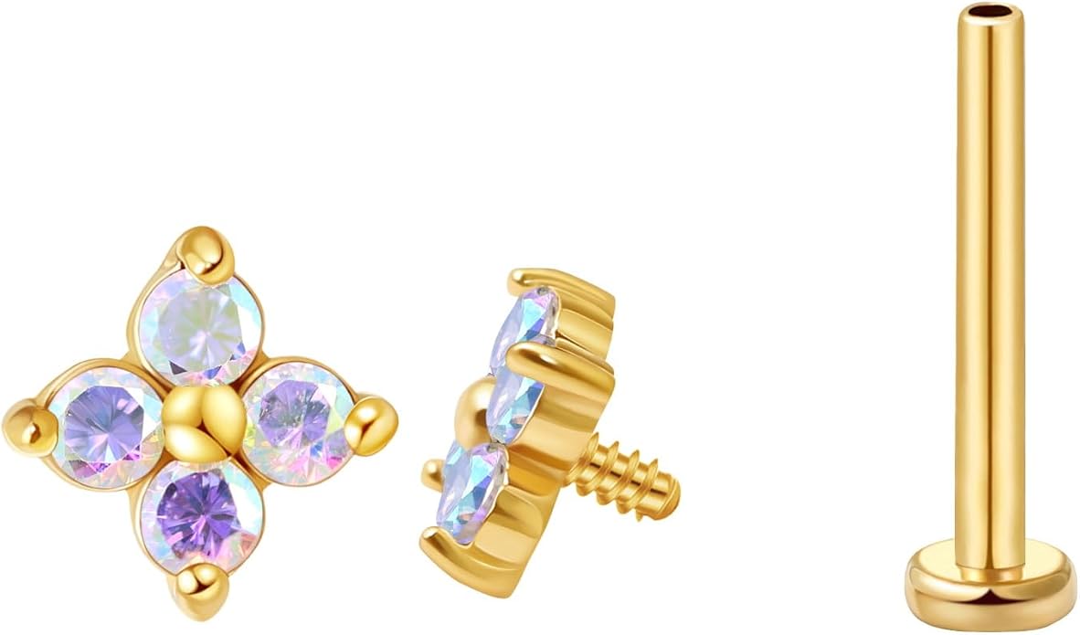 FANSING CZ Flower Internally Threaded Flat Back Earring Labret Stud for Cartilage Tragus Helix Conch