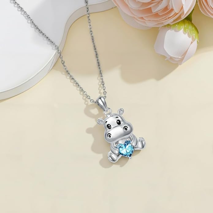 PROESS Animal Birthstone Necklace 925 Sterling Silver Otter/Axolotl/Hippo/Elephant/Dachshund/Monkey/Red Panda Pendant Necklace Animal Birthstone Jewelry Gifts for Women