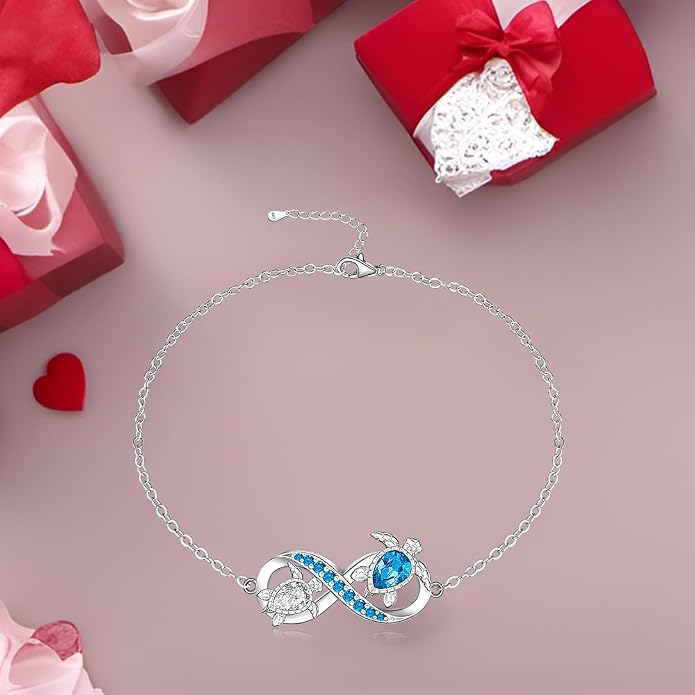 Fenthring Turtle Anklet S925 Sterling Silver Blue Opal Sea Turtle Ankle Bracelets for Women Infinity Wave Ocean Beach Summer Foot Bracelet Jewelry Layered Adjustable