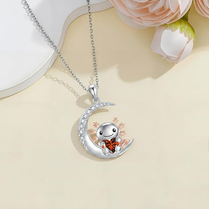 PROESS Animal Birthstone Necklace 925 Sterling Silver Otter/Axolotl/Hippo/Elephant/Dachshund/Monkey/Red Panda Pendant Necklace Animal Birthstone Jewelry Gifts for Women