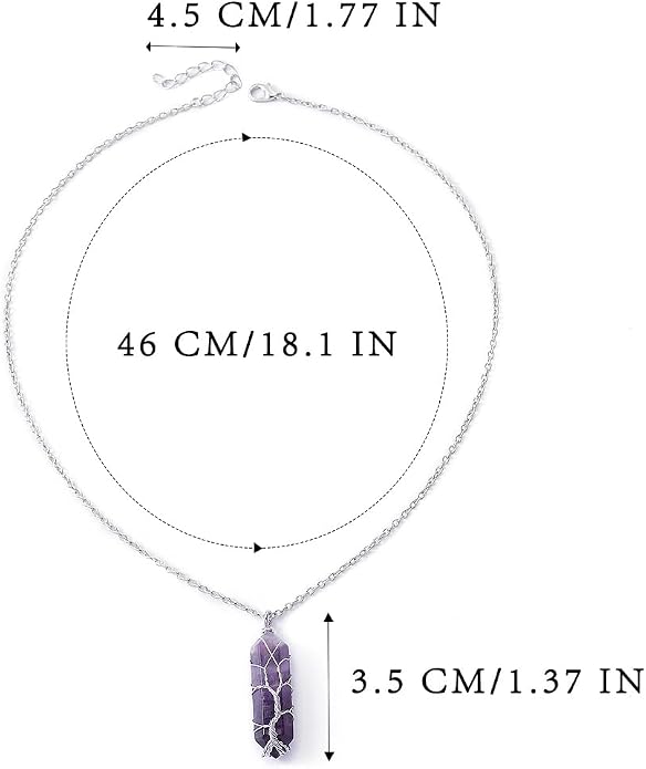 Healing Crystal Stone Necklace Silver Tree Of Life Wire Wrapped Raw Gemstone Hexagonal Prism Pointed Crystal Pendant Necklace Reiki Spiritual Quartz Gemstone Jewelry