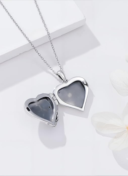Locket Pendant Necklace for Women, 925 Sterling Silver Dainty Photo Necklace, Christmas Valentine's Day Mother's Day Memorial Jewelry Gifts (With Gift box)