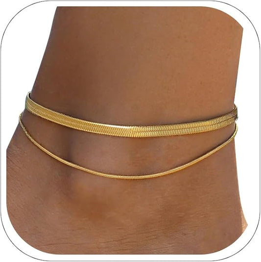 FOCALOOK 14K Gold Plated Anklets for Women Waterproof Plus Size Ankle Bracelet 8.5-10.5 Inch Adjustable Mariner/Figaro/Flat Snake/Cuban Link Chain Anklet Jewelry for Summer Beach Holiday