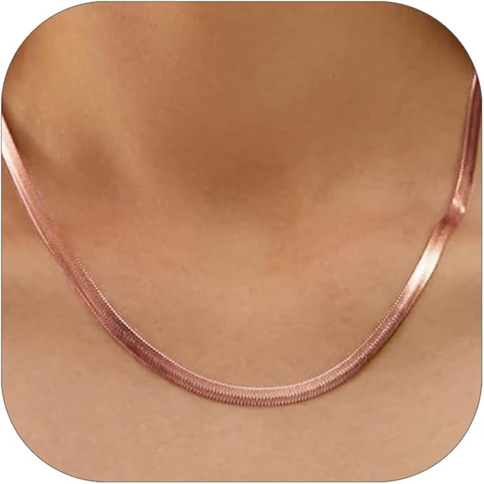 FOCALOOK 14K Gold Plated Necklaces for Women, Fashion Herringbone Choker Necklace Stainless Steel Flat Snake Chain 3/5MM(W) 12.5"/15"/18"+3.5"(L)