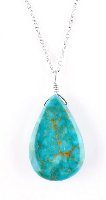 InfinityGemsArt Turquoise Pendant Necklace for Women, Birthstone, Natural Gemstone Cabochon Pear, Dainty Bezel Handmade Jewelry, Chakra Energy Healing Crystals, 925 Sterling Silver Chain 18 inch
