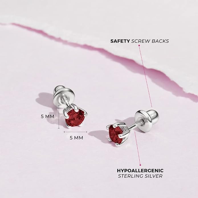 In Season Jewelry Solitaire Simulated Birthstone Kids Earrings - 925 Sterling Silver Hypoallergenic Earrings for Girls with Secure Screw Backs - Safe & Comfortable for Kids & Little Girls