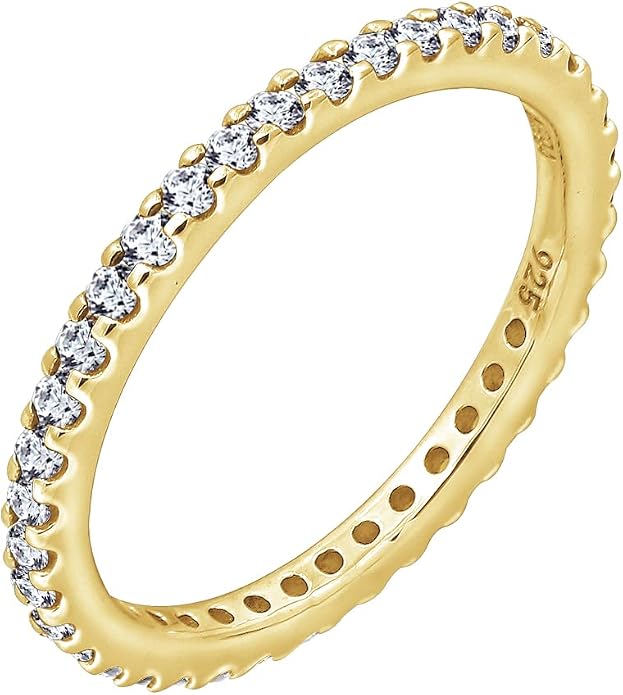 Amazon Essentials Platinum or Gold Plated Sterling Silver All-Around Band Ring set with Round Infinite Elements Cubic Zirconia