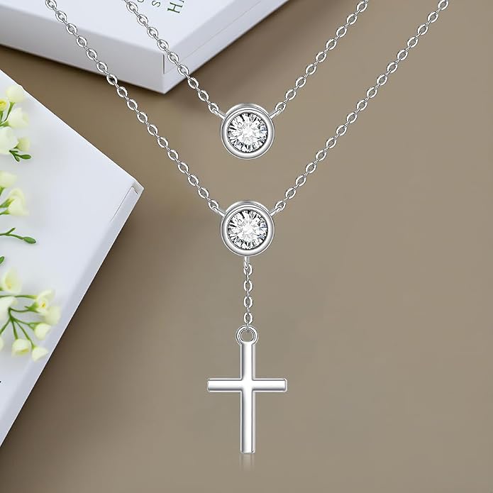 Layered Necklaces for Women S925 Sterling Silver 14k Gold Plated Cross Jesus Tulip Birth Month Flower Necklace Pendant Jewelry Mothers Day Birthday Gifts