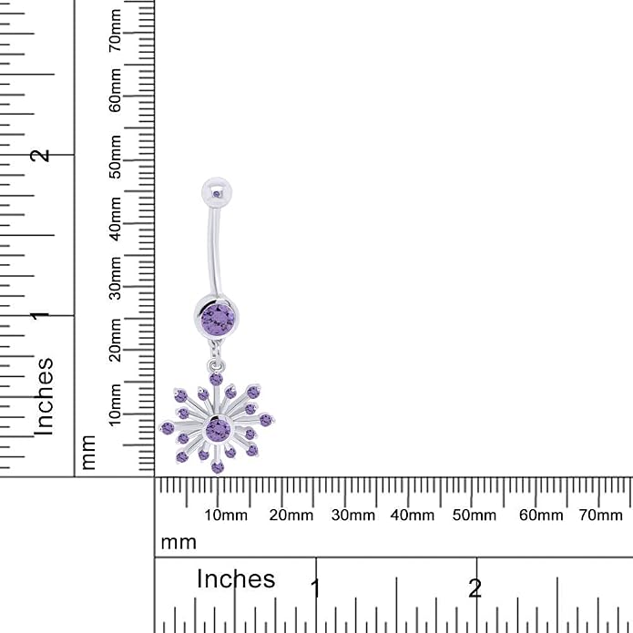 AFFY Snowflake Belly Button Ring for Women Simulated Birthstone, Round Cut Gemstone in 14K Gold Over 925 Sterling Silver, Navel Barbell Piercing Jewelry for Her
