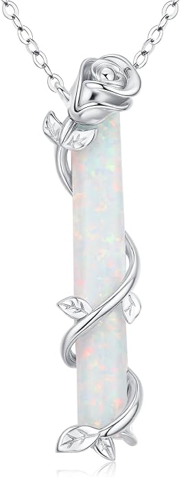 Bar Opal Leaf Necklace For Women S925 Sterling Silver White Opal Pendant with Leaf Charm Bar Pendant Jewelry Gift For Mom Daughter Wife