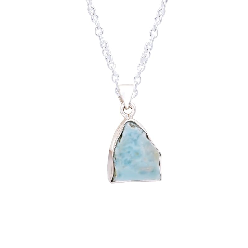 Natural Real Raw Larimar Crystals Bezel Pendant Necklace, Birthstone, Healing Rough Gemstone, 925 Sterling Silver Jewelry 18 inch