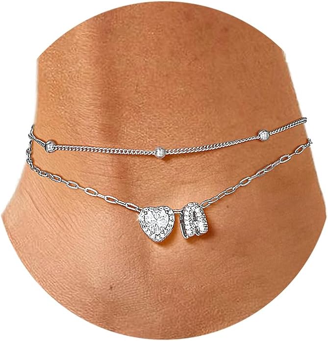 FindChic Silver/14K Gold Plated Layered CZ Initial Ankle Bracelet for Women | Waterproof Stainless Steel, Cubic Zirconia Letter Charm, Non-Tarnish, Hypoallergenic, Adjustable Extender, Summer Jewelry