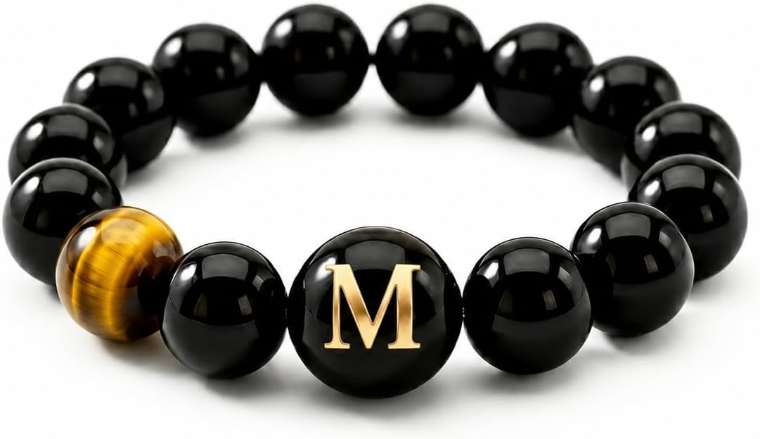Initial Ring for Women, Black Onyx Beaded Stretch Letter Ring | Personalized-style A-Z initial ring with black onyx beads, shell letter bead, stretch fit, and gift-ready box