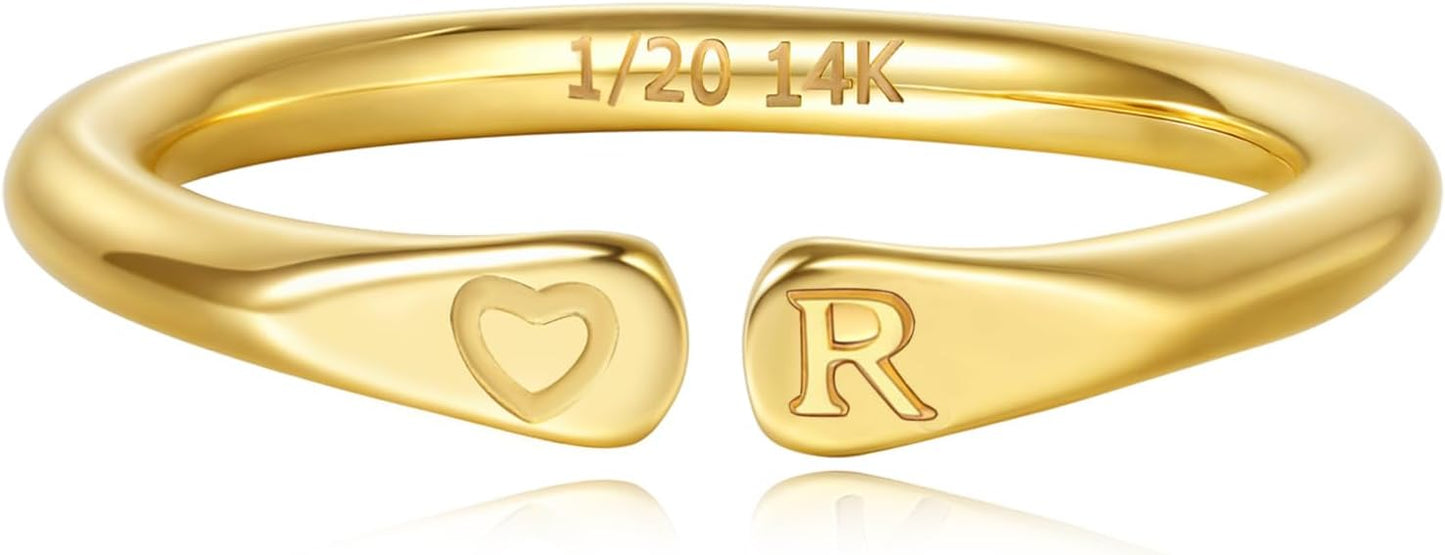 14k Gold Filled Hand Carving Initial Rings for Women Non Tarnish Wedding Heart Shaped Bands for Women