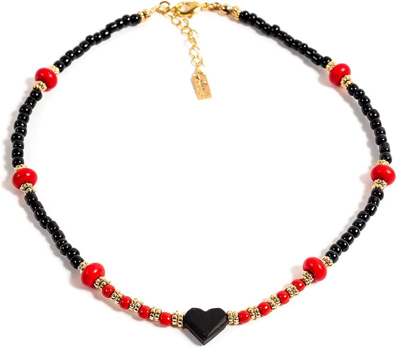Bohemian Genuine Natural Azabache Heart Pendant Red Beaded Necklace Protector Amulet Againt Envy Boho Style