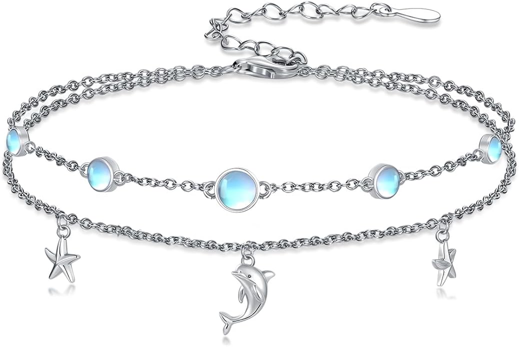 Wave/Dolphin Bracelet/Sea Turtles Anklet 925 Sterling Silver Adjustable Moonstone Bracelet/Anklet Summer Ocean Jewelry Gifts for Women
