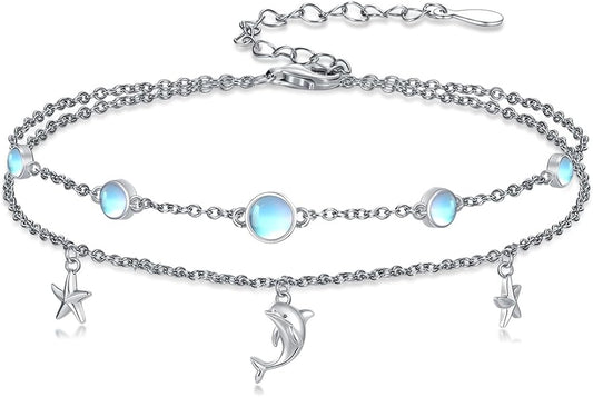 Wave/Dolphin Bracelet/Sea Turtles Anklet 925 Sterling Silver Adjustable Moonstone Bracelet/Anklet Summer Ocean Jewelry Gifts for Women