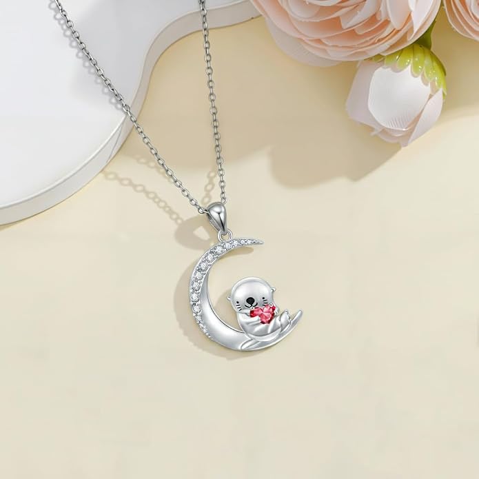 PROESS Animal Birthstone Necklace 925 Sterling Silver Otter/Axolotl/Hippo/Elephant/Dachshund/Monkey/Red Panda Pendant Necklace Animal Birthstone Jewelry Gifts for Women