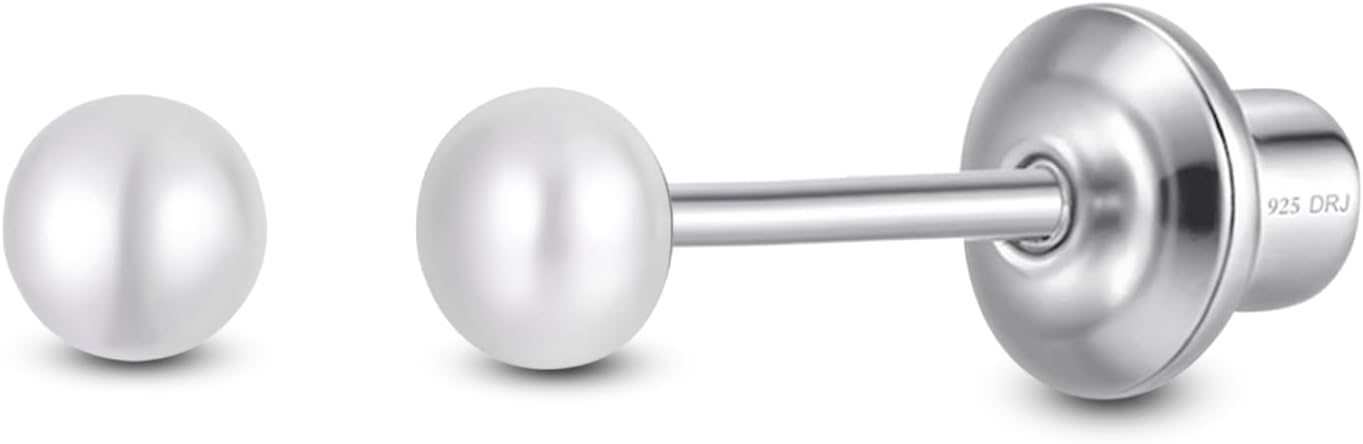 Pearl Screw Back Stud Earrings for Baby, Toddler, Girls | Hypoallergenic 925 Sterling Silver Screwback Safety Earrings | Simulated Pearl Studs for Sensitive Ears | Keepsake Gift for Birthdays Holidays Special Occasions