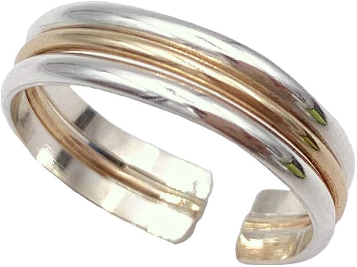 Triple Stack Mixed Metal Toe Ring | Sterling Silver and 14K Gold Fill Adjustable for Men and Women | Three Bonded Bands | Unisex One Size Fits Most