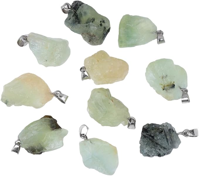 10pcs Irregular Raw Natural Prehnite Rock Stone Pendant Healing Crystal Chakra Gemstone Charm for Jewelry Making DIY Necklace Earrings Accessories Reiki