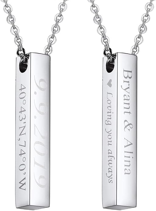 U7 Engravable Bar Necklace, Womens Choker Necklace Stainless Steel Custom Engrave Text Horizontal/Vertical Bar Pendant Necklaces for Men Women