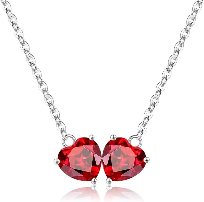 Iefil 1.25Ct Double Heart Birthstone Necklace - 925 Sterling Silver Birthstone Necklace, Birthday Gifts for Women, Jewelry Gifts for Mom Daughter Wife