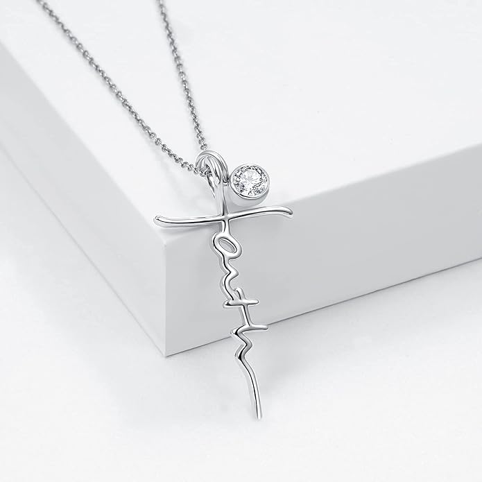 PRAYMOS Faith Cross Necklace for Women 925 Sterling Silver Pendant Necklace With Birthstone Initial Christian Religious Confirmation Baptism Mothers Day Gifts