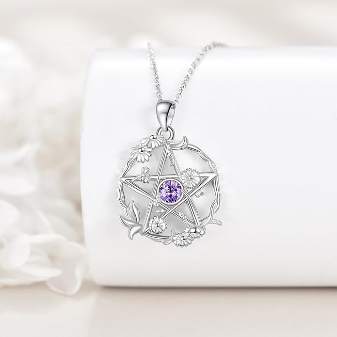 Birthstone Pentagram Necklace for Women 925 Sterling Silver Pentacle Daisy Pendant Pentacle Jewelry Birthday Gifts