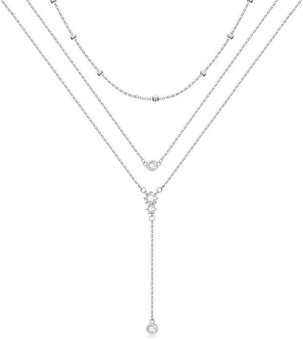 MONGAS Boho Layered Necklace Sterling Silver Triple 3 Stacked Vertical Bar Triangle Long Layering Necklaces Christmas Jewelry Gifts for Women