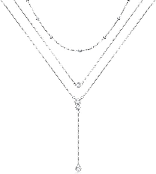 MONGAS Boho Layered Necklace Sterling Silver Triple 3 Stacked Vertical Bar Triangle Long Layering Necklaces Christmas Jewelry Gifts for Women