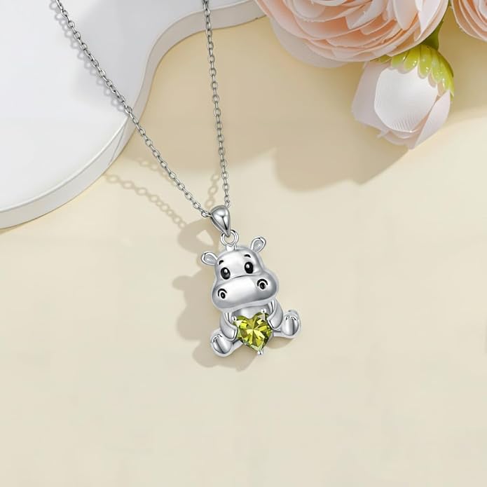 PROESS Animal Birthstone Necklace 925 Sterling Silver Otter/Axolotl/Hippo/Elephant/Dachshund/Monkey/Red Panda Pendant Necklace Animal Birthstone Jewelry Gifts for Women