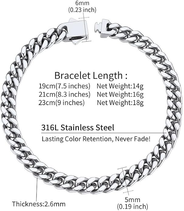 ChainsHouse Stainless Steel Cuban Link Bracelet for Men, 5mm/7mm/9mm/12mm Width, 7.5"/8.3"/9" Length, Black/18K Gold Plated Chain Wrist Bracelets for Men, with Gift Box