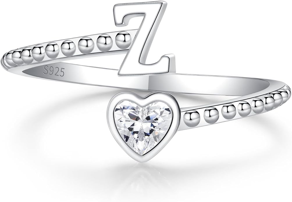Step Forward 925 Sterling Silver Adjustable Initial Ring for Women | Non Tarnish Letter Rings for Lady | Alphabet Heart Thumb Rings | Capital Letter Jewelry Gifts