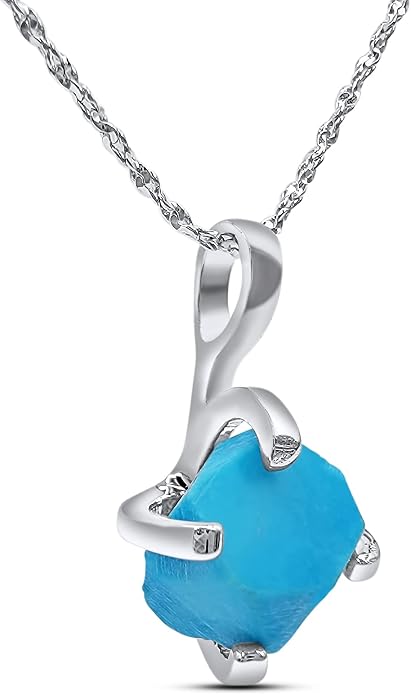 Natural raw gemstone pendant chain necklace with white gold over 925 solid sterling silver, birthstone dainty solitaire gift for her, uniquelan jewelry