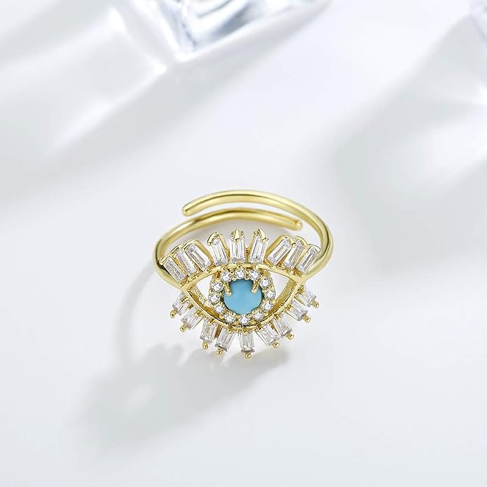 Obidos Evil Eye Rings for Women 14K Gold Plated Adjustable Cubic Zirconia Evil Eye Signet Ring Mother Day Jewelry Protection Lucky Gift