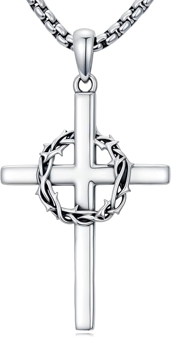Crown of Thorns Necklace for Men 925 Sterling Silver Nail Cross Necklace Pendant Religious Christian Jewelry Valentines Day Gifts for Men