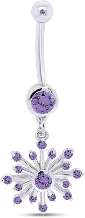 AFFY Snowflake Belly Button Ring for Women Simulated Birthstone, Round Cut Gemstone in 14K Gold Over 925 Sterling Silver, Navel Barbell Piercing Jewelry for Her