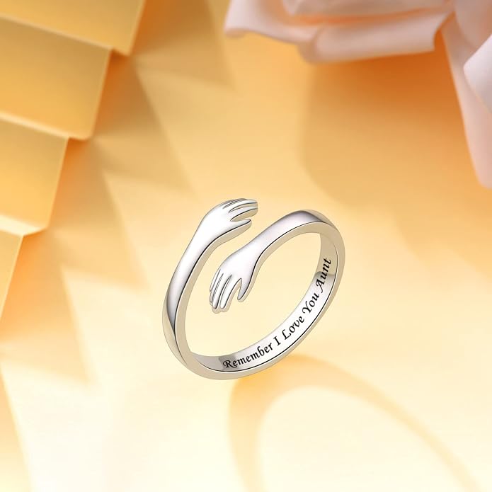 S925 Sterling Silver Hug Rings for Women Teen Girls Adjustable Ring for Granddaughter Daughter Hope Promise Friendship Hand Ring Jewelry for Birthday Graduation Christmas Mothers Day Valentines Gifts