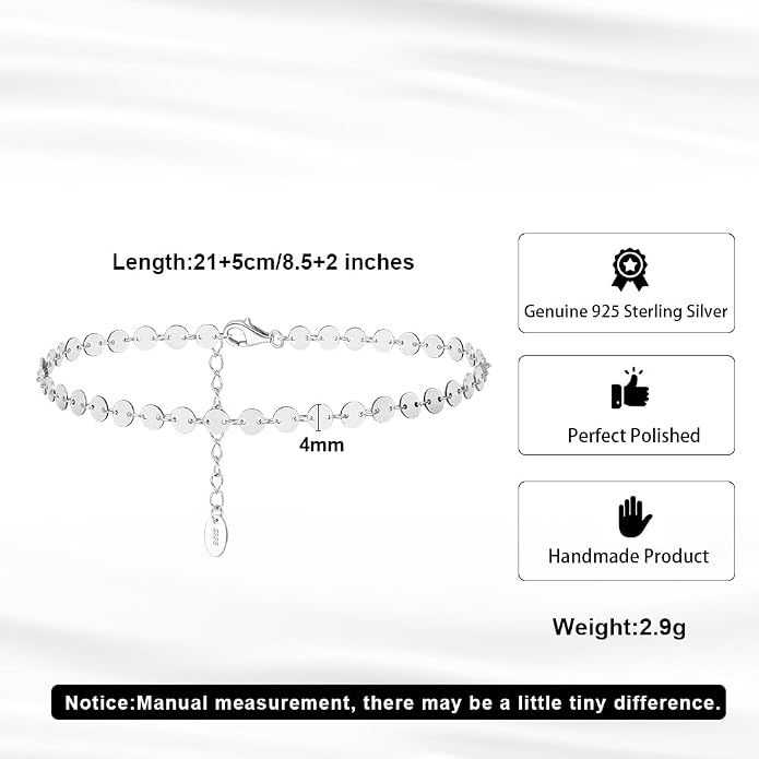 925 Sterling Silver Chain Anklets Bracelet For Women Adjustable Anklet Bracelet With Rhodium Plating For Long-Lasting Shine Silver Anklets For Women Jewelry Gift for Women