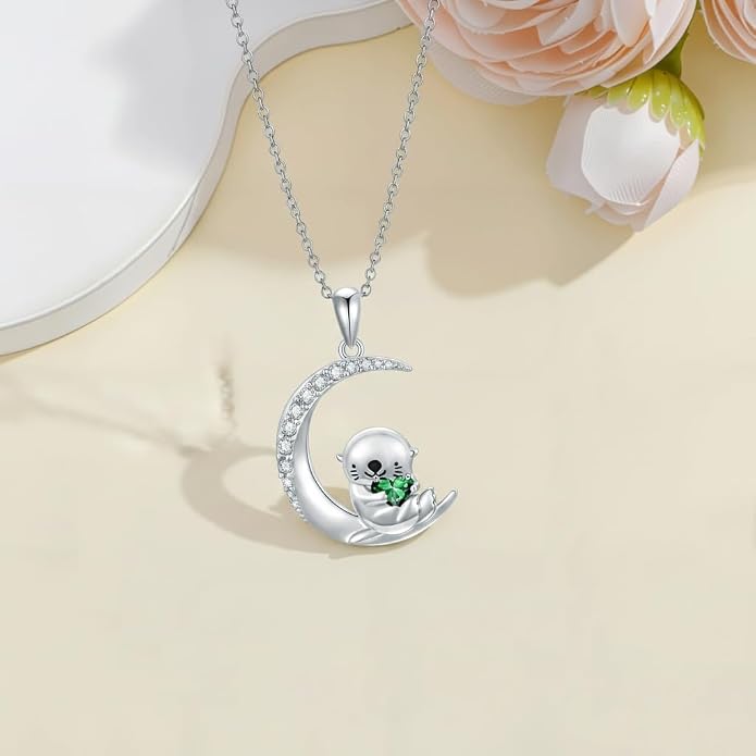 PROESS Animal Birthstone Necklace 925 Sterling Silver Otter/Axolotl/Hippo/Elephant/Dachshund/Monkey/Red Panda Pendant Necklace Animal Birthstone Jewelry Gifts for Women