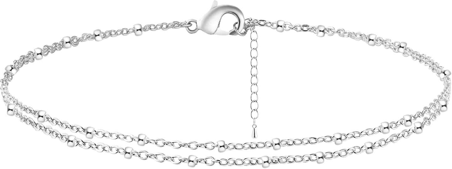 Rotnso Anklets for Women 14K Gold Silver Plated Ankle Bracelets Trendy Waterproof Boho Anklets Set Adjustable Dainty Cute Diamond Beaded Heart Non Tarnish Summer Beach Jewelry Gift