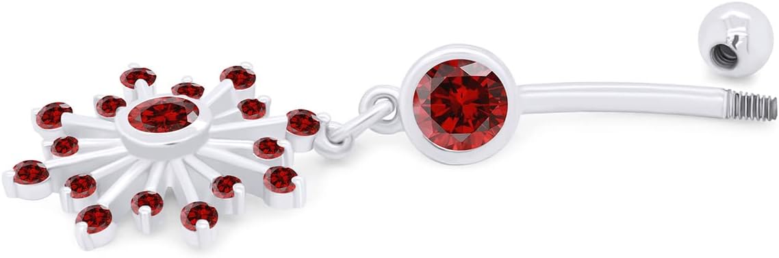 AFFY Snowflake Belly Button Ring for Women Simulated Birthstone, Round Cut Gemstone in 14K Gold Over 925 Sterling Silver, Navel Barbell Piercing Jewelry for Her
