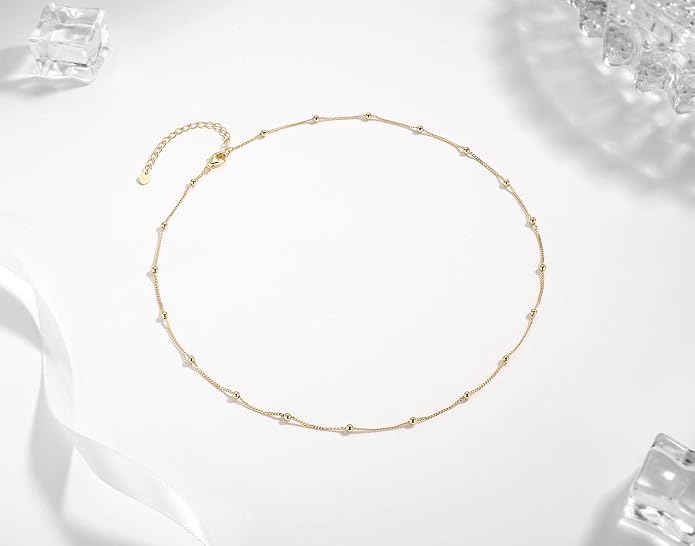 EPIRORA Choker Necklace for Women 925 Sterling Silver Gold Plated Dainty Satellite Bead Chain Pendant Minimalist Jewelry, 16''+2"