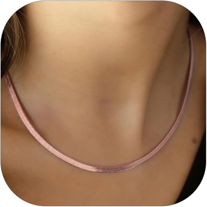 FindChic Black/14K Gold Plated Herringbone Choker Chain Necklace for Women | Waterproof Stainless Steel, Dainty Layering, Flat Snake Chain, Non-Tarnish, Hypoallergenic, Adjustable Extender, Gift Box
