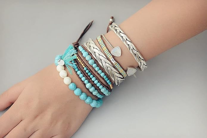 KELITCH Skull 3 Wrap Leather Bracelet Punk Beaded Bracelets Stackable Gothic Bangle Bracelets