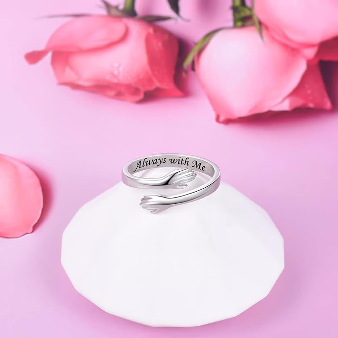 S925 Sterling Silver Hug Rings for Women Teen Girls Adjustable Ring for Granddaughter Daughter Hope Promise Friendship Hand Ring Jewelry for Birthday Graduation Christmas Mothers Day Valentines Gifts