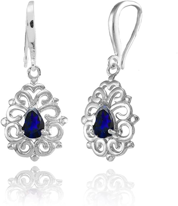Sterling Silver Genuine, Simulated, or Created Gemstone 6x4mm Teardrop Filigree Dainty Dangle Earrings