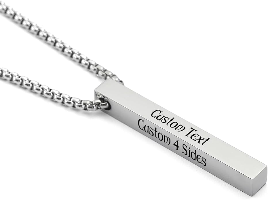 Fathers Day Custom Gifts Personalized 3D Bar Vertical Pendant Necklace - Custom 4 Sided Text Necklace Engraved Cuboid Stick Necklace